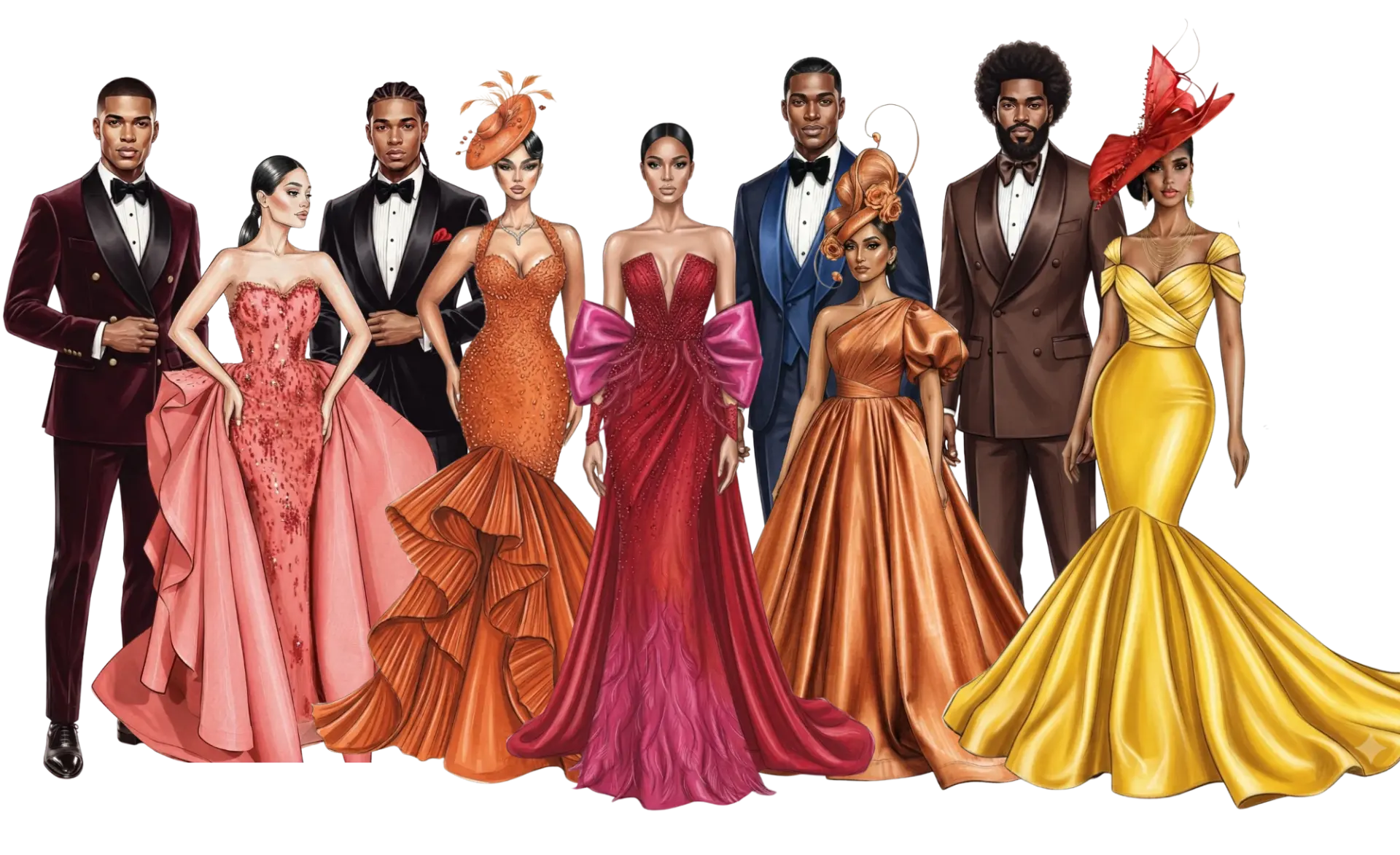 Illustration of guests in elegant formal gowns and tuxedos