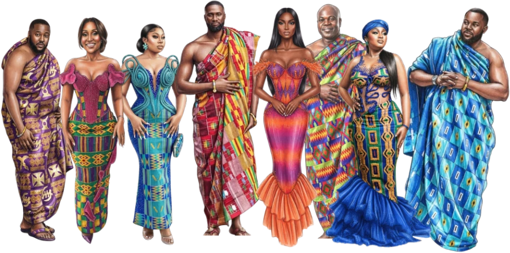 Illustration of guests in royal kente outfits